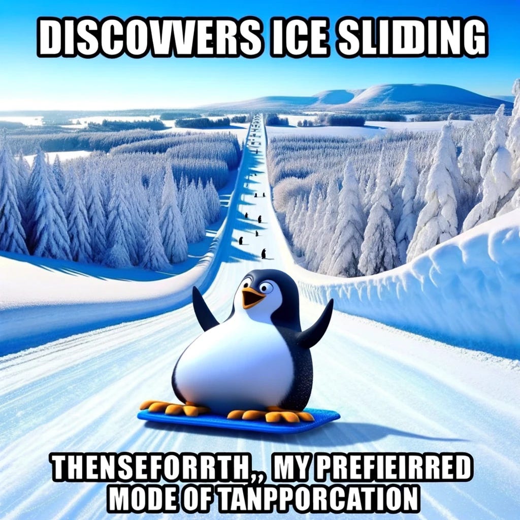 Create an image of a cartoon penguin standing at the top of a snowy hill, looking down the slope with an excited and determined expression. The penguin is poised as if it's about to slide down, capturing the moment right before the action. The background is a picturesque winter landscape, complete with snow-covered trees and a clear, blue sky. The top of the image features the meme text, "Discovers ice sliding," in a playful, bold font. The bottom adds, "Thenceforth, my preferred mode of transportation," in the same style of font. The text is white with a black outline for visibility against the snowy backdrop. This image should evoke a sense of adventure and the joy of embracing a new, fun way of moving forward, metaphorically and literally.