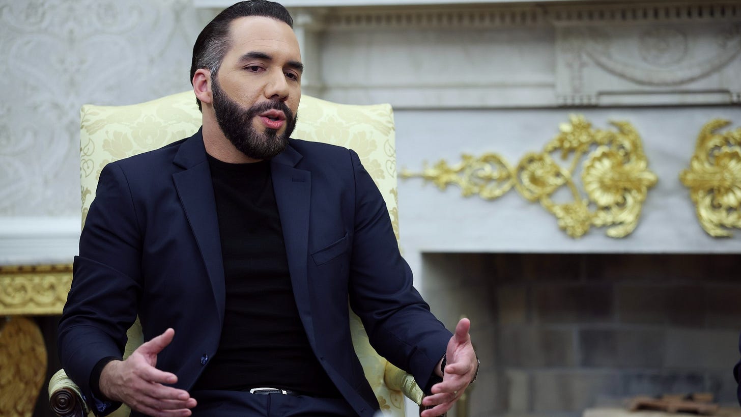 President Nayib Bukele of El Salvador meets with U.S. President Donald Trump in the Oval Office of the White House April 14, 2025 in Washington, DC.