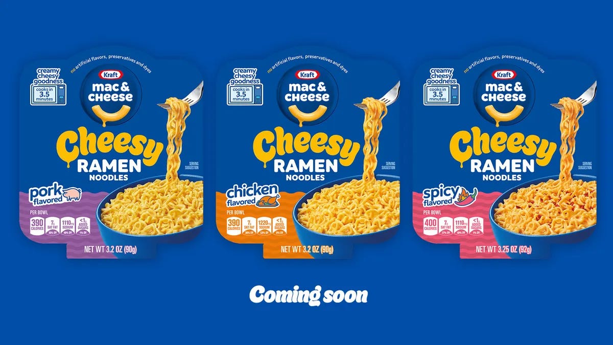 Three bowls of Kraft Mac and Cheese's new Cheesy Ramen. Three bowls of Kraft Mac and Cheese's new Cheesy Ramen.