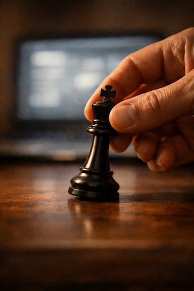 A hand pausing mid-move while repositioning a chess king, with a laptop glowing softly in the background.