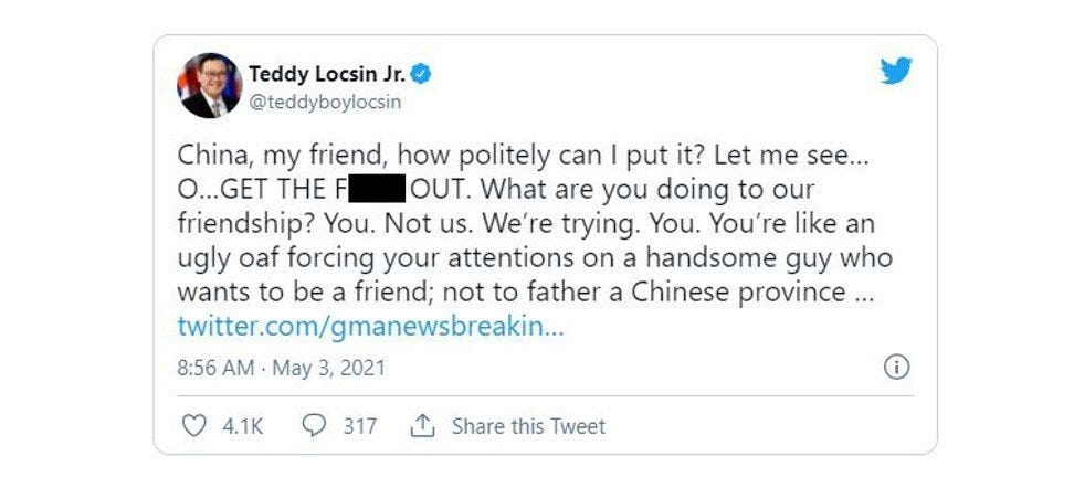 Locsin's offending tweet. Photo: Twitter