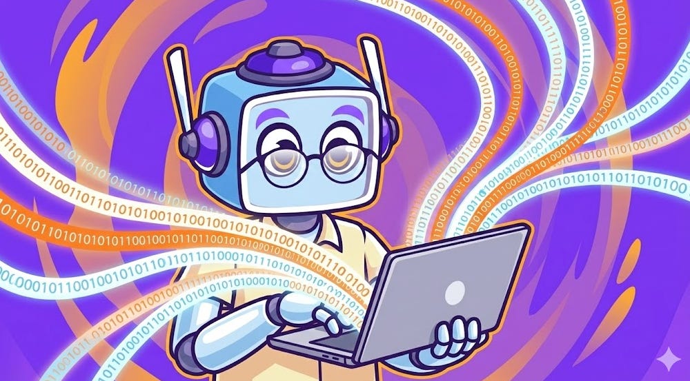 The blue and purple neuralbuddy robot is holding a laptop. Glowing binary code strings of 1s and 0s are streaming out from the laptop screen and swirling around the character against a purple and orange background.