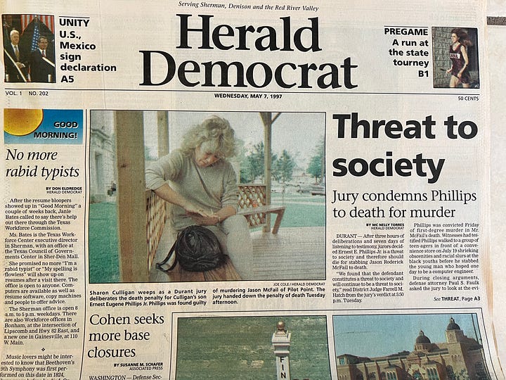 Picture shows the front-page story published in the Herald Democrat on May 7, 1997 after a jury convicted Ernest E. Phillips Jr. of first-degree murder and the second picture is the jump page where the story continues. (Mc Nelly Torres | Don't Forget My Voice)