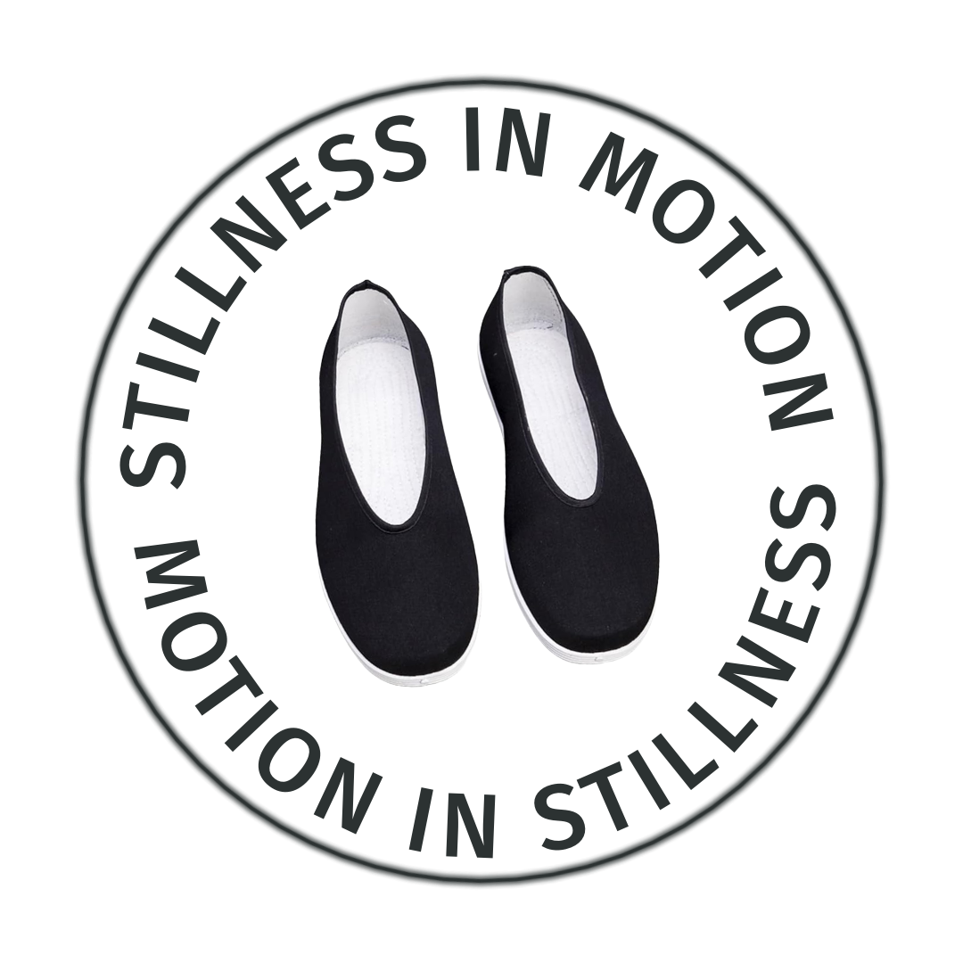 Circular graphic featuring a pair of traditional black tai chi shoes centered on a white background. Around the shoes, the text reads “Stillness in motion, motion in stillness.”