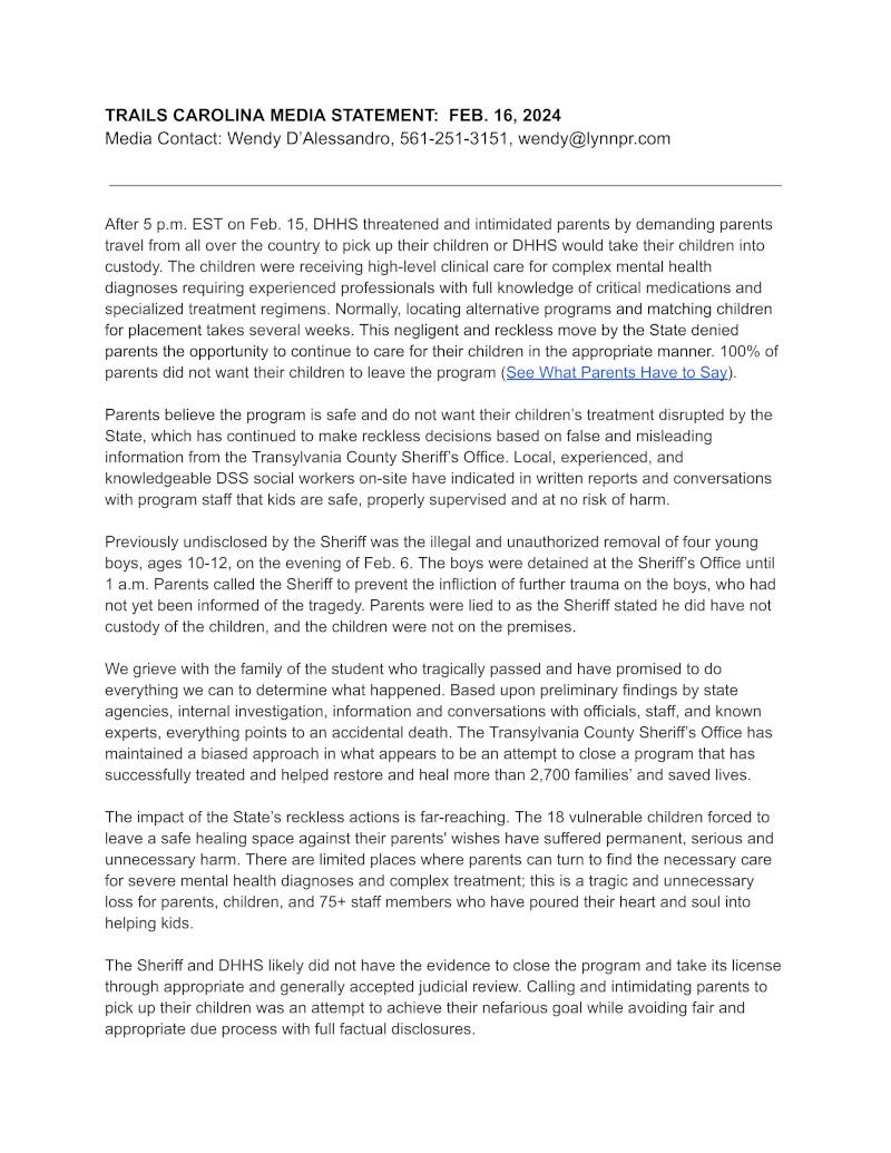 A "TRAILS CAROLINA MEDIA STATEMENT" dated Feb. 6, 2024 (full text available in the attachments)
