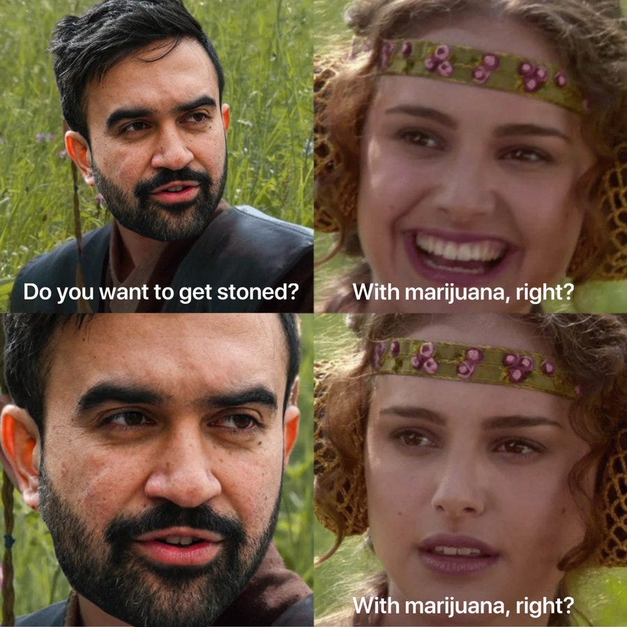 Four-panel collage with left panels showing a man resembling Dev Patel with dark hair, beard, and mustache wearing a dark tunic in a green field, looking serious then surprised. Right panels show a woman resembling Natalie Portman with brown hair, floral headband, and white dress smiling then with neutral expression in the same field. Text overlays include Do you want to get stoned? With marijuana, right? repeated.