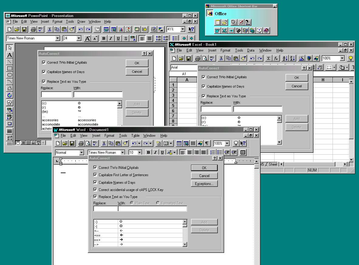 Word, Excel, PowerPoint showing the Autocorrect settings. Word, Excel, PowerPoint showing the Autocorrect settings.