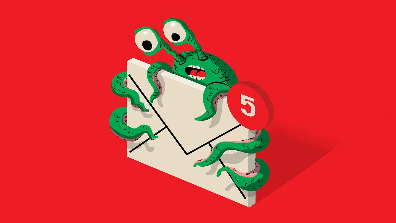 Illustration of a green alien clinging to an envelope email icon with a red badge showing five unread messages
