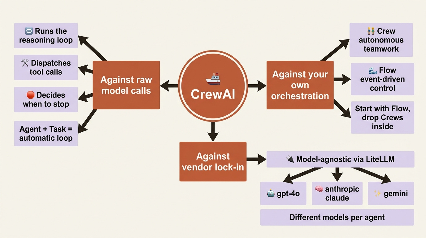 A mindmap of the three framings: what CrewAI replaces compared with raw model calls, your own orchestration code, and a single-vendor SDK. A mindmap of the three framings: what CrewAI replaces compared with raw model calls, your own orchestration code, and a single-vendor SDK.