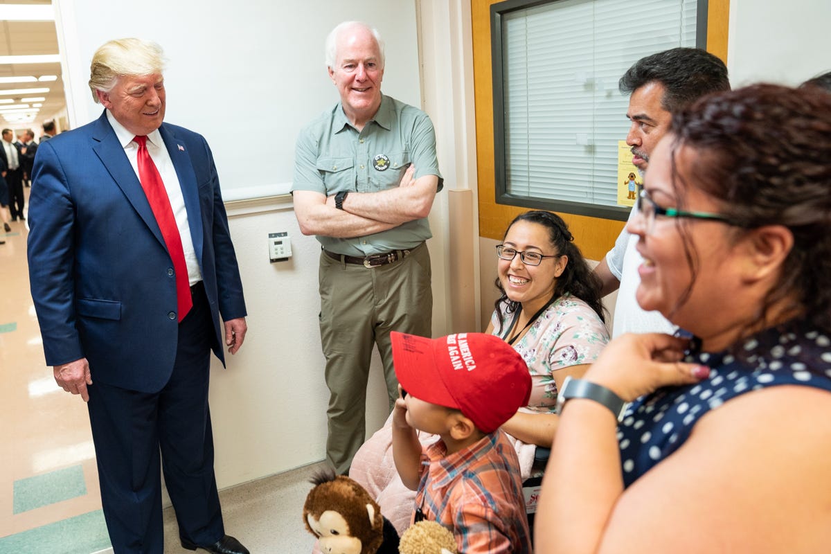 Image: President Donald J. Trump and First Lady Melania Trump, joined by Texas Senator John Cornyn, visits with a shooting victim and her family members Wednesday, Aug. 7, 2019, at the University Medical Center of El Paso in El Paso, Texas. Wikimedia Commons user The White House / CC BY-SA 4.0 https://commons.wikimedia.org/wiki/File:President_Trump_and_the_First_Lady_in_El_Paso,_Texas_(48488017542).jpg. Image: President Donald J. Trump and First Lady Melania Trump, joined by Texas Senator John Cornyn, visits with a shooting victim and her family members Wednesday, Aug. 7, 2019, at the University Medical Center of El Paso in El Paso, Texas. Wikimedia Commons user The White House / CC BY-SA 4.0 https://commons.wikimedia.org/wiki/File:President_Trump_and_the_First_Lady_in_El_Paso,_Texas_(48488017542).jpg.