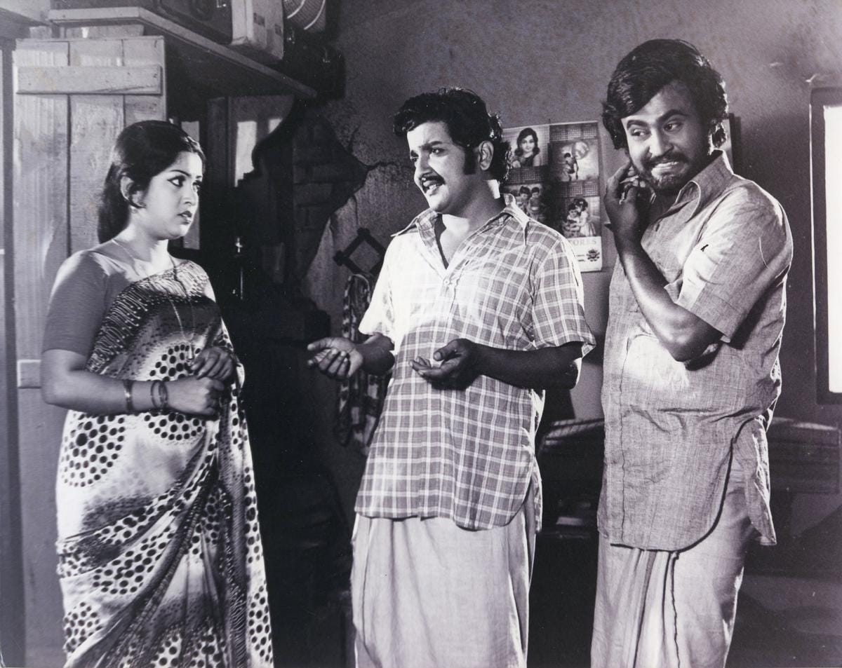 Sumithra, Sivakumar and Rajinikanth in a still from ‘Bhuvana Oru Kelvi Kuri?’ Sumithra, Sivakumar and Rajinikanth in a still from ‘Bhuvana Oru Kelvi Kuri?’