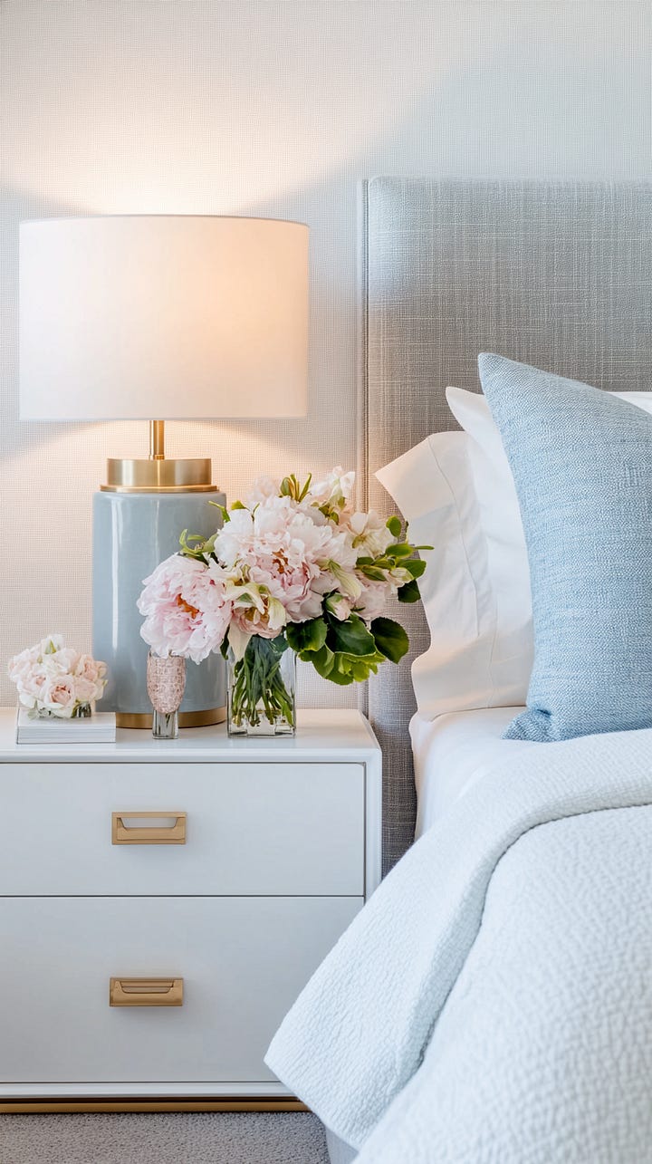 cool blue shown in a dining room and a bedroom in an article on styling lies when buying a staged home
