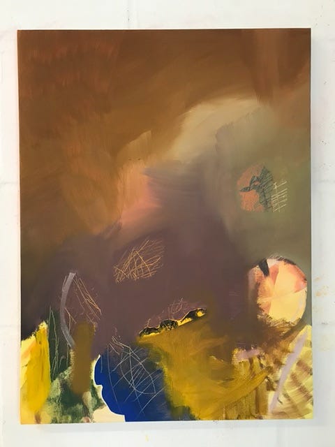 abstract painting in a range of colours, like a dystopic landscape with a prominent feature being a yellow and black shape reminiscent of a bumblebee. other shapes include possibly a wheel and a body of water.