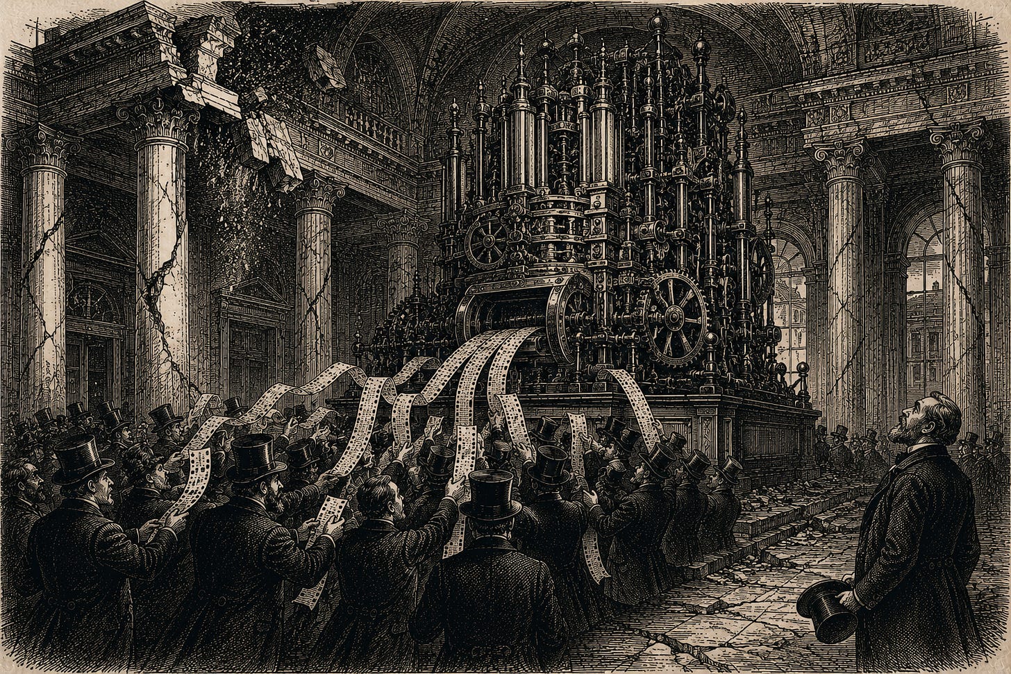 Wood-engraving editorial illustration in the Thomas Nast Harper's Weekly style for Attention Capital's essay The Presold Epic, Section II. A cathedral-sized brass calculating engine pours punched paper ribbons into the hands of top-hatted investors while the marble hall around them cracks and falls, unnoticed. The image renders the essay's Relativity Media passage: a Monte Carlo model that ran on proxies raised billions and collapsed into Chapter 11, because modeling proxies is astrology with a spreadsheet. Keywords: Relativity Media bankruptcy, Ryan Kavanaugh Monte Carlo model, film slate financing, quantitative box office prediction, film finance failure. Wood-engraving editorial illustration in the Thomas Nast Harper's Weekly style for Attention Capital's essay The Presold Epic, Section II. A cathedral-sized brass calculating engine pours punched paper ribbons into the hands of top-hatted investors while the marble hall around them cracks and falls, unnoticed. The image renders the essay's Relativity Media passage: a Monte Carlo model that ran on proxies raised billions and collapsed into Chapter 11, because modeling proxies is astrology with a spreadsheet. Keywords: Relativity Media bankruptcy, Ryan Kavanaugh Monte Carlo model, film slate financing, quantitative box office prediction, film finance failure.