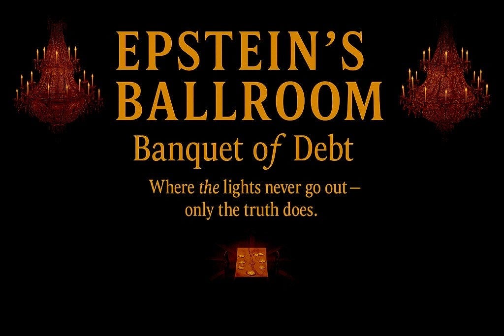 Two chandeliers illuminate a black-and-gold title card reading Epstein’s Ballroom — Banquet of Debt: Where the lights never go out – only the truth does.