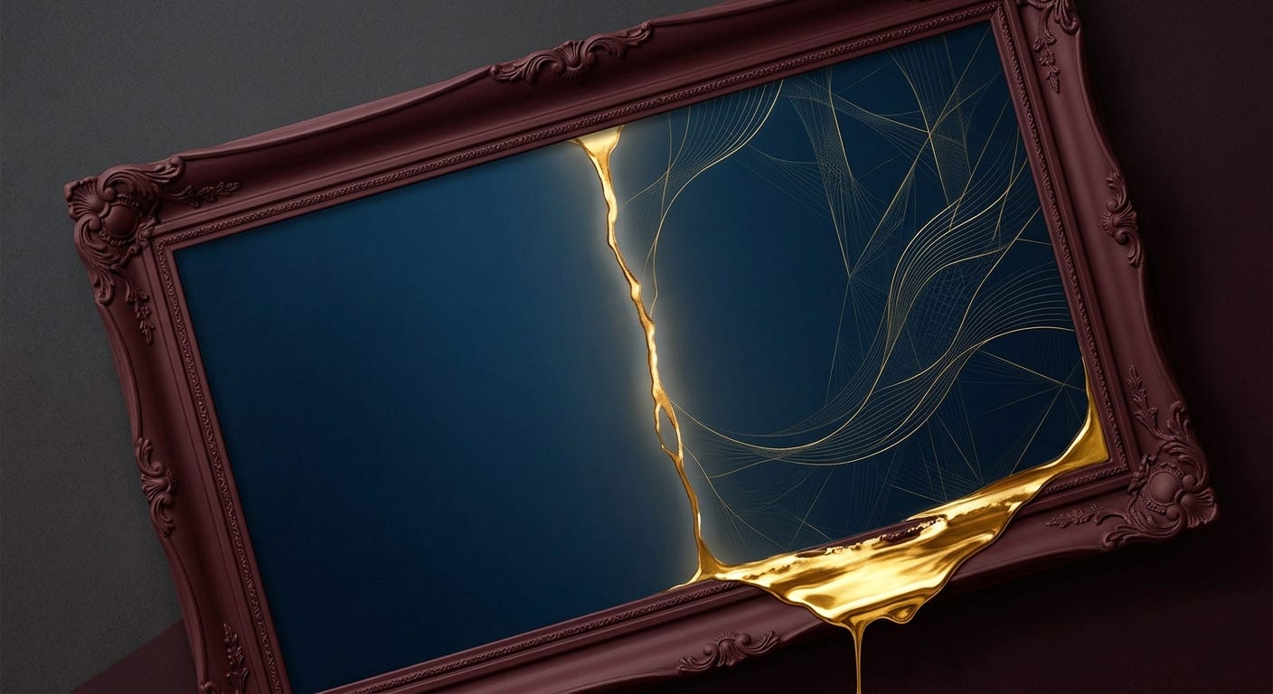 A mirror in an ornate maroon frame, tilted to the side, split in the middle with a stream of molten gold, with streams of gold filtering through the side.
