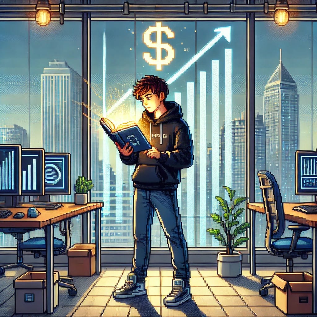 A detailed 16-bit pixel art scene of a young man standing in a modern office setting, absorbed in reading a glowing book held with both hands. The man wears a black hoodie (no logo), blue jeans, and white sneakers. He is deeply focused on the book, symbolizing learning and growth. The background features large, expansive windows showcasing a skyline with tall skyscrapers. On the glass of the windows, a single large pixel art illustration dominates, showing an upward-trending graph combined with a glowing dollar sign, symbolizing exponential growth and wealth connected to learning. The office includes pixel art details: desks with computers displaying charts, shelves with pixelated books, and potted plants. The atmosphere emphasizes focus, learning, and the compounding value of knowledge and effort.