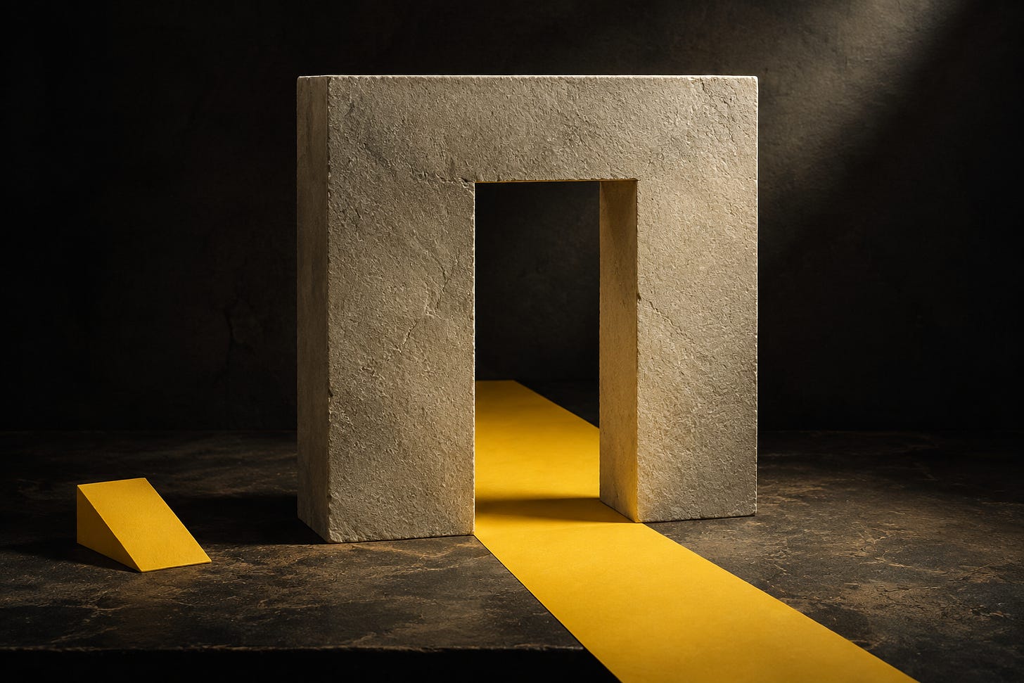 A yellow path runs through an open stone doorway, with a small yellow obstacle moved aside. A yellow path runs through an open stone doorway, with a small yellow obstacle moved aside.