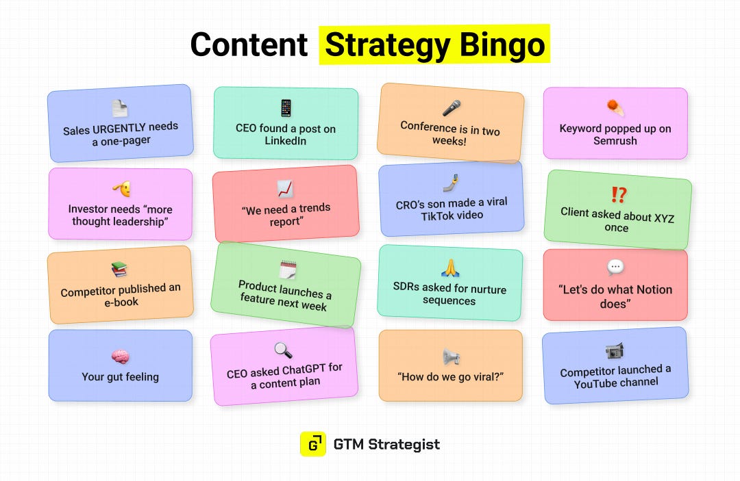 Content Strategy Bingo card by GTM Strategist with 16 colored tiles listing common reasons content plans change, including "Sales URGENTLY needs a one-pager," "CEO found a post on LinkedIn," "Competitor published an e-book," "CRO's son made a viral TikTok video," "Your gut feeling" and "How do we go viral?" Content Strategy Bingo card by GTM Strategist with 16 colored tiles listing common reasons content plans change, including "Sales URGENTLY needs a one-pager," "CEO found a post on LinkedIn," "Competitor published an e-book," "CRO's son made a viral TikTok video," "Your gut feeling" and "How do we go viral?"