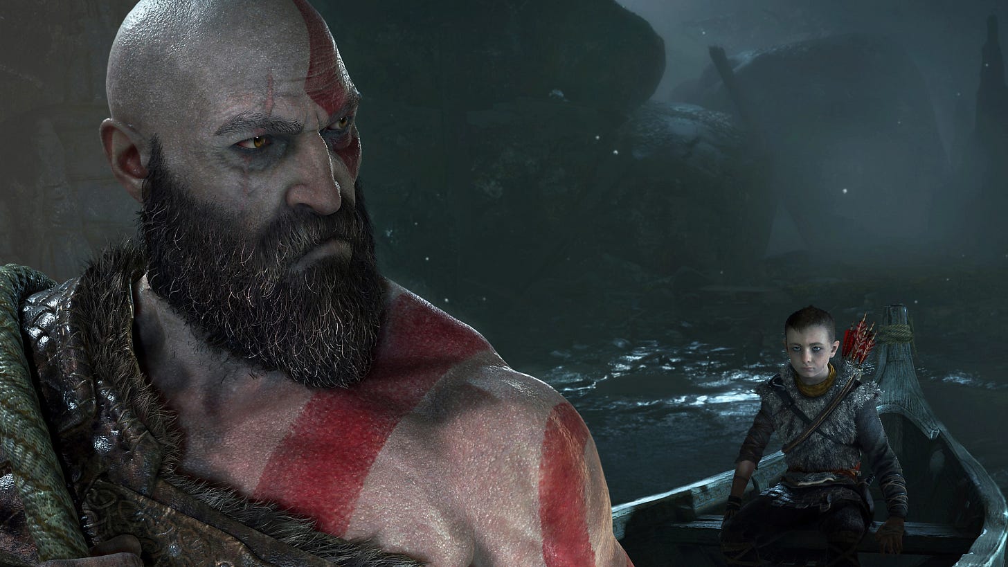 Kratos and his son Atreus on a boat; Kratos looks over his shoulder while speaking.