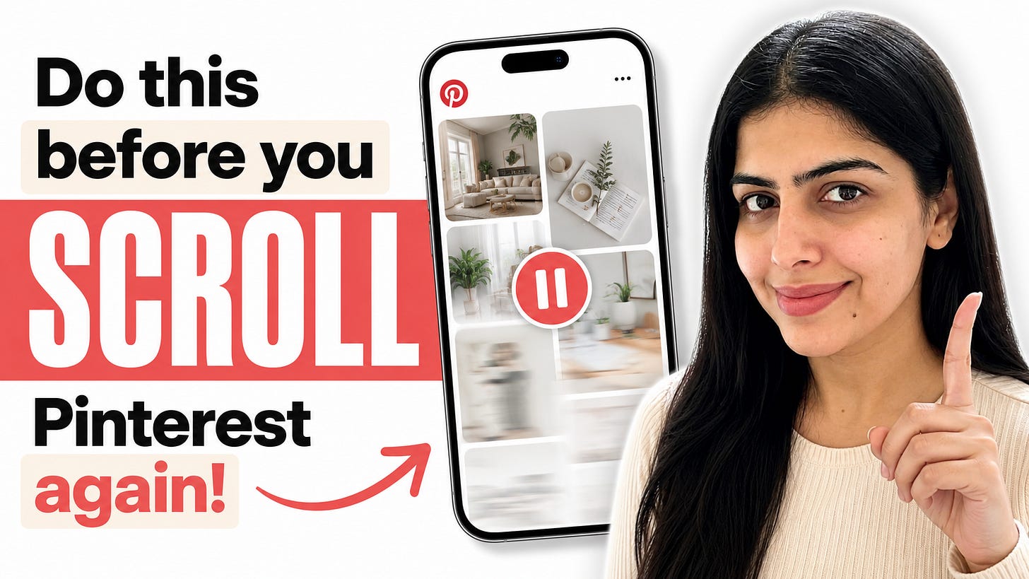 YouTube thumbnail about Pinterest feed cleanup with a woman pointing, a phone showing Pinterest pins, and bold text saying “Do this before you scroll Pinterest again!” YouTube thumbnail about Pinterest feed cleanup with a woman pointing, a phone showing Pinterest pins, and bold text saying “Do this before you scroll Pinterest again!”