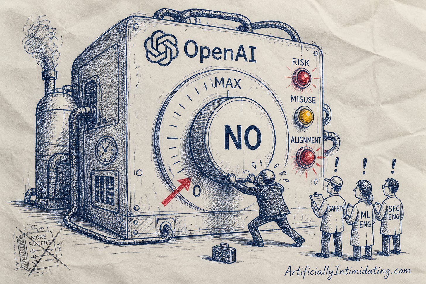 Editorial cartoon: a tiny executive turns a giant NO dial down to zero on an OpenAI machine while engineers point at flashing risk lights Editorial cartoon: a tiny executive turns a giant NO dial down to zero on an OpenAI machine while engineers point at flashing risk lights