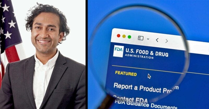 Vinay Prasad on the left and FDA under magnifying glass on the right
