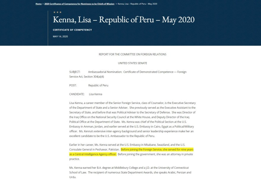 Lisa Kenna Embaixadora dos EUA Peru CIA