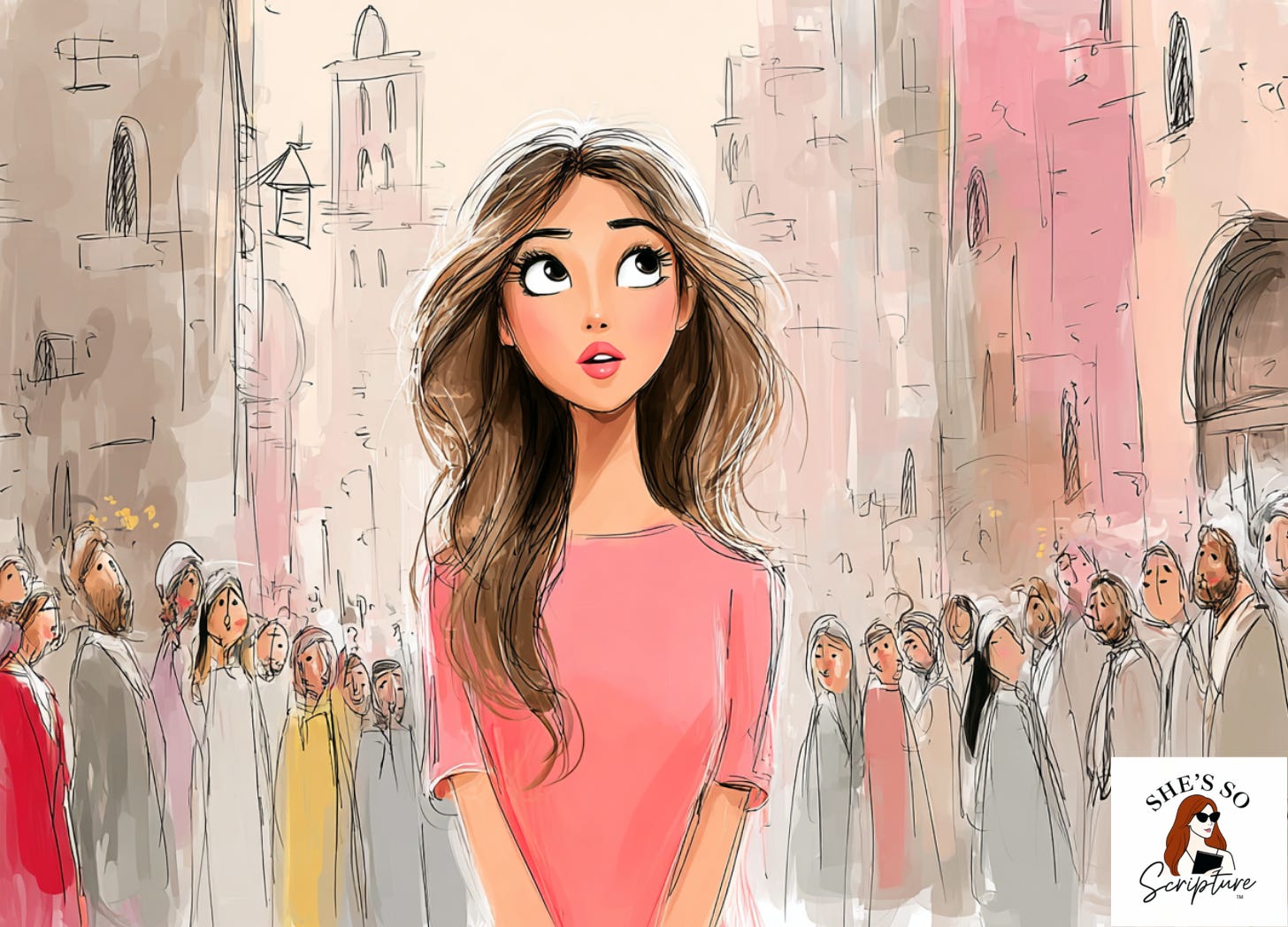 A woman standing in a crowded ancient street, faces around her showing amazement, Jerusalem architecture in the soft background, blush pink and cream watercolor treatment, sketchy ink