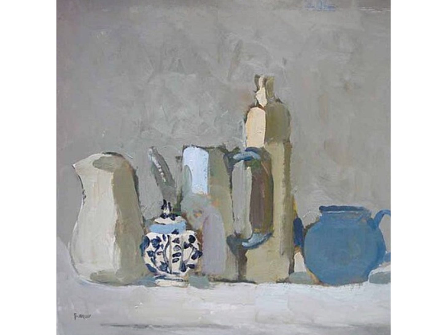 Still life painting by Pierre Coquet showing bottles, a blue teapot and ceramic jar arranged against a neutral background. Still life painting by Pierre Coquet showing bottles, a blue teapot and ceramic jar arranged against a neutral background.