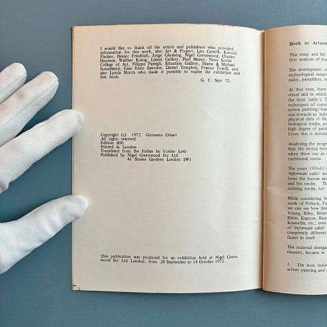 Germano Celant, Book as Artwork 1960/1972, with a bibliography compiled by Lynda Morris, Nigel Greenwood Gallery, London, 1972 [Saint-Martin Bookshop, Bruxelles-Brussel]