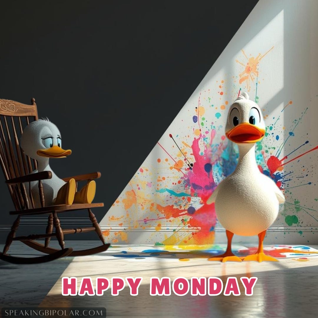 A diagonal split screen. On one side, a sad cartoon duck sitting in a rocking chair in a dim gray room. On the other side, a happy cartoon duck in a sunny room splattered with bright watercolors