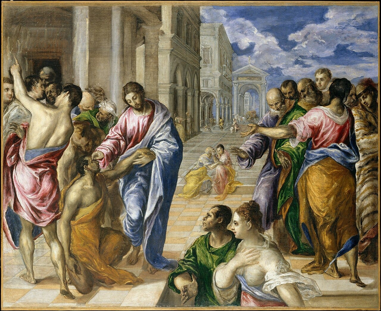 Christ touches the eyes of a kneeling blind man in a crowded Renaissance square