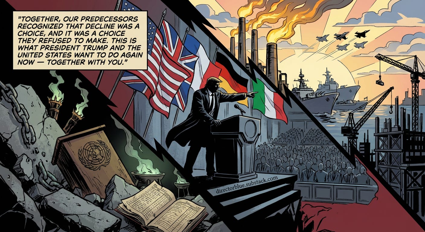  Image PromptFrank Miller graphic novel style full color heroic and defiant tone A dramatic diagonal composition  in the lower left the crumbling remnants of the old order broken chains shattered UN podiums torn welfare-state ledgers and ext_image_1