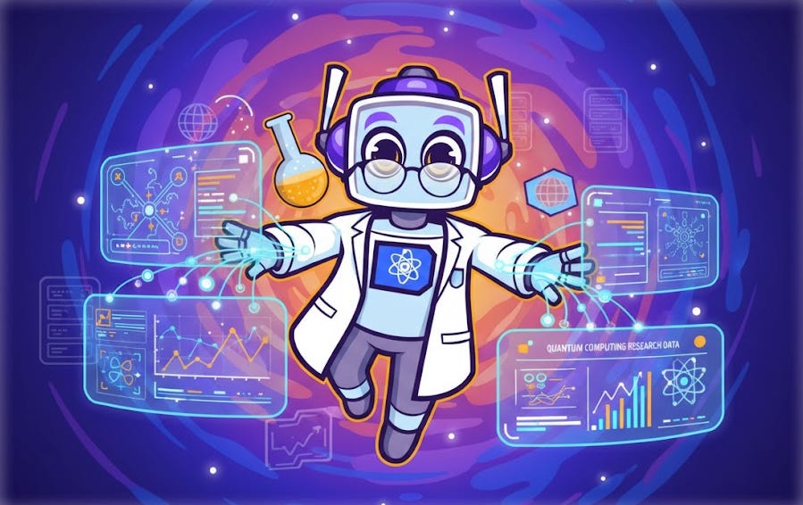A rectangular image featuring the Neuralbuddy character, a light blue robot with purple accents and glasses, wearing a white lab coat. Neuralbuddy is shown in a dynamic pose, pulling up real-time data from quantum computing research centers onto multiple holographic screens floating around it. The background is a vibrant, swirling gradient of purple and blue, filling the entire canvas.