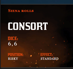 An image of text from the Roll20 website, it shows Siena rolling Consort and getting two sixes on the die result.