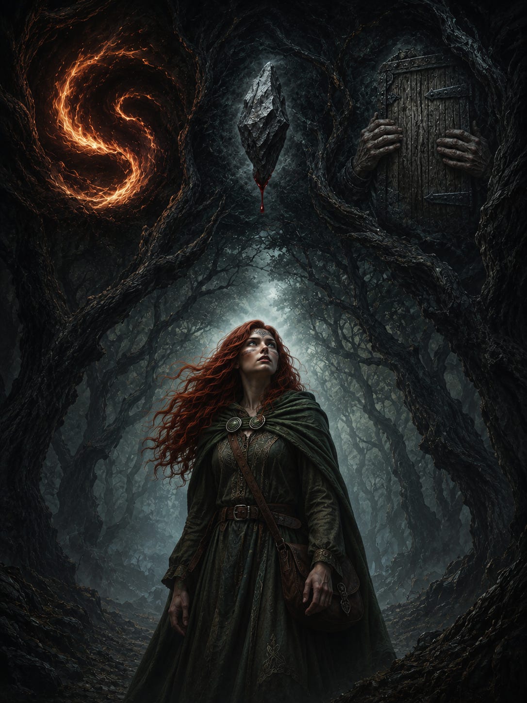 Aisling, a red-haired young woman in a dark green cloak and simple traveler's dress, stands alone in the mist-shrouded depths of Elderglen. A leather satchel hangs across her shoulder as she gazes upward into twisted black branches that arch like a cathedral above her. Suspended within the shadows are three haunting visions: a flame curling back upon itself, a sharp stone dripping a single drop of blood, and a pair of worn hands straining to hold a rotting wooden door closed. Pale light filters through the fog, casting the scene in an eerie dreamlike glow. Aisling, a red-haired young woman in a dark green cloak and simple traveler's dress, stands alone in the mist-shrouded depths of Elderglen. A leather satchel hangs across her shoulder as she gazes upward into twisted black branches that arch like a cathedral above her. Suspended within the shadows are three haunting visions: a flame curling back upon itself, a sharp stone dripping a single drop of blood, and a pair of worn hands straining to hold a rotting wooden door closed. Pale light filters through the fog, casting the scene in an eerie dreamlike glow.