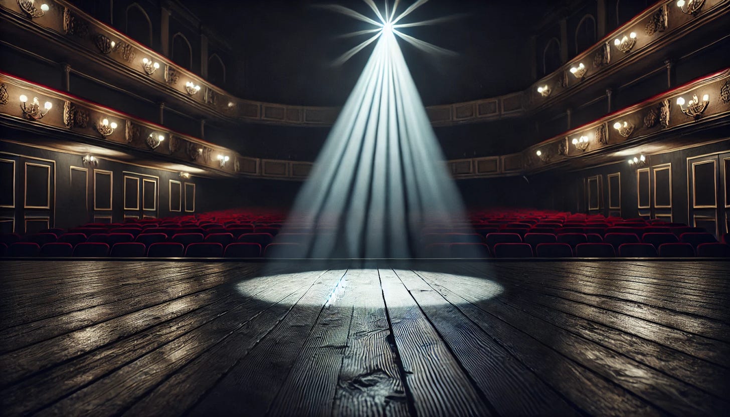 A spotlight illuminates an empty stage in a dark theater. The wooden stage floor reflects the bright, focused beam of light, creating dramatic shadows. In the foreground, rows of red velvet theater seats are visible, facing the stage. The background remains dark, with stage curtains and faint architectural details of the theater. The atmosphere is cinematic and mysterious, with a strong contrast between light and shadow.