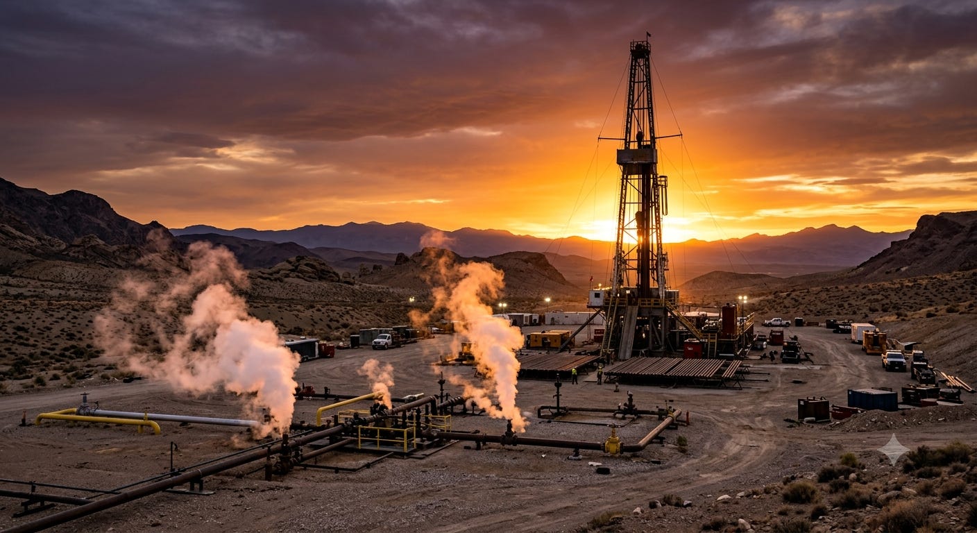 Campo de perfuração geotérmica ao entardecer - imagem gerada por IA para a Arena Tech.