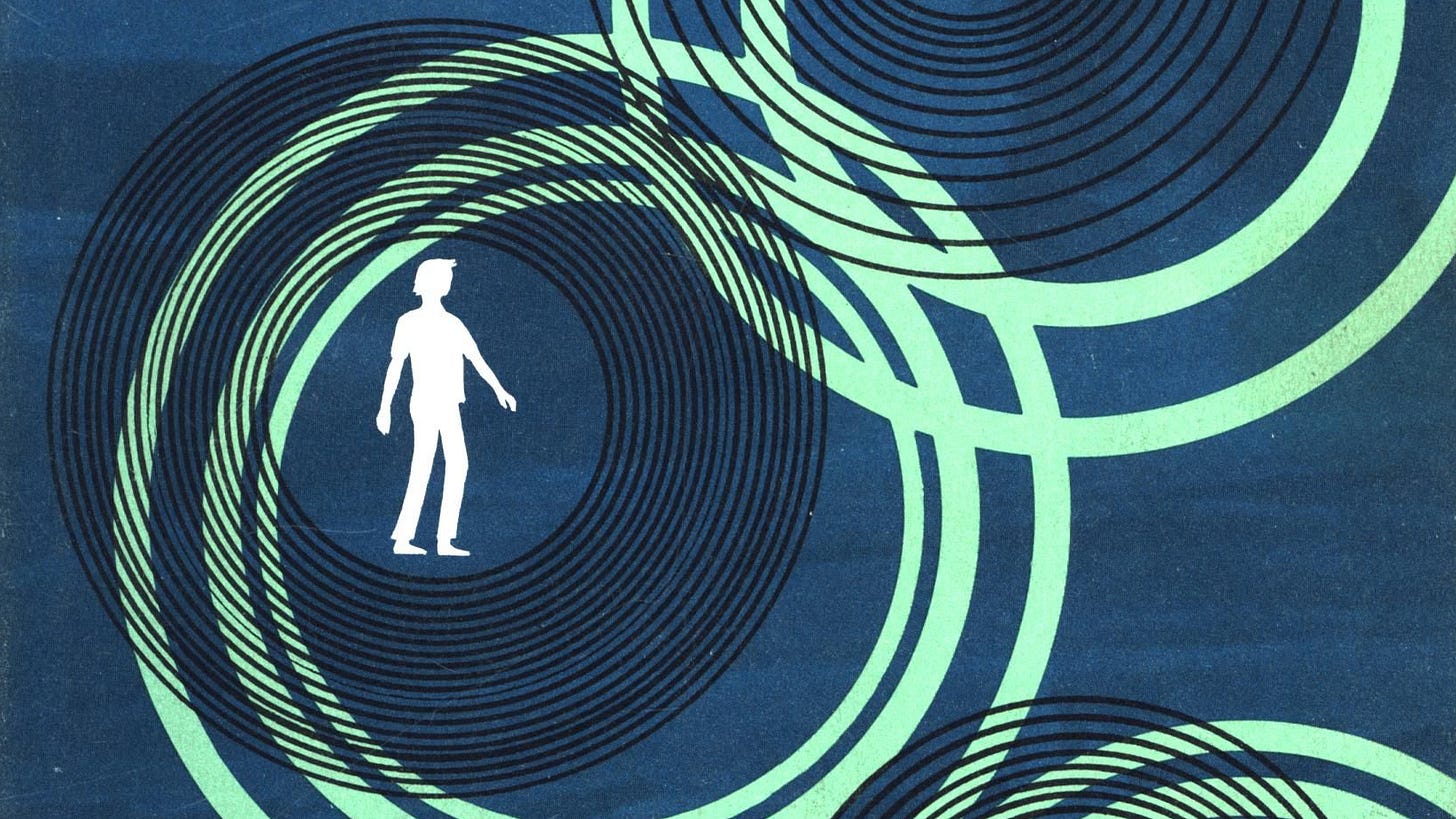 Cover detail from a Wrinkle in Time showing a person surrounded by black circles