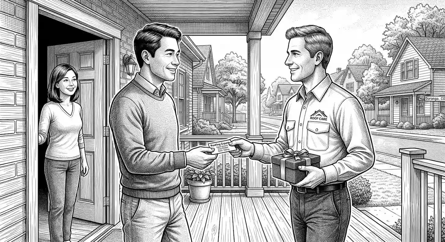 a roof repair service technician presents a gift to customer neighbor and shares his business card