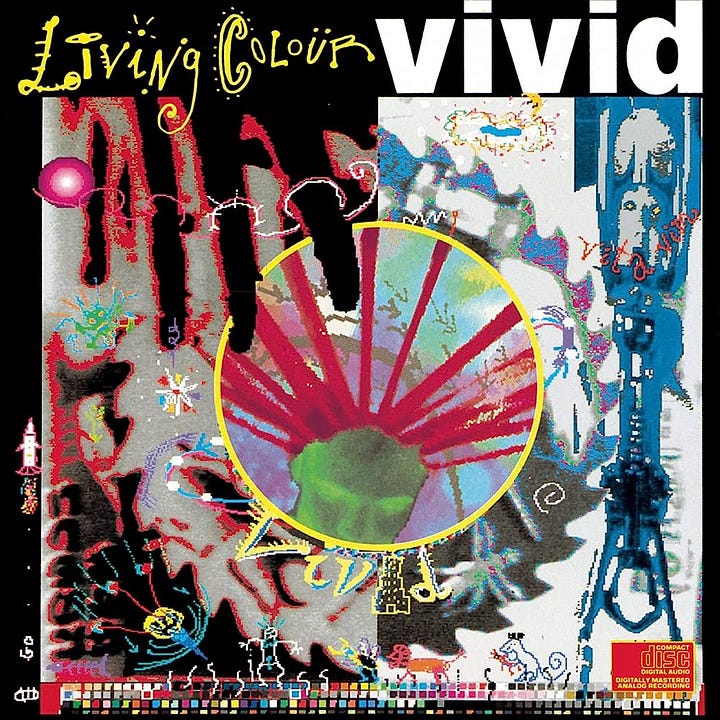 Photographs of Living Colour album covers and the band performing live