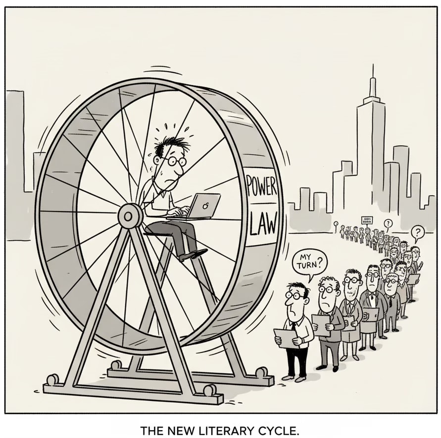 A writer runs on a giant hamster wheel labeled ‘Power Law’ while a line of identical hopefuls waits their turn. Commentary on venture-backed creative futility.