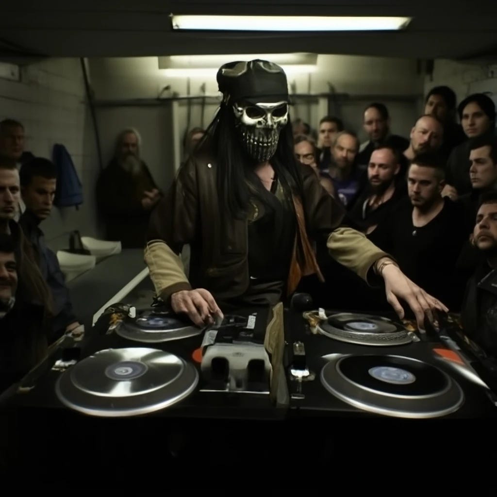 Dread Pirate Roberts facing front playing dj turntables in mens public bathroom with audience