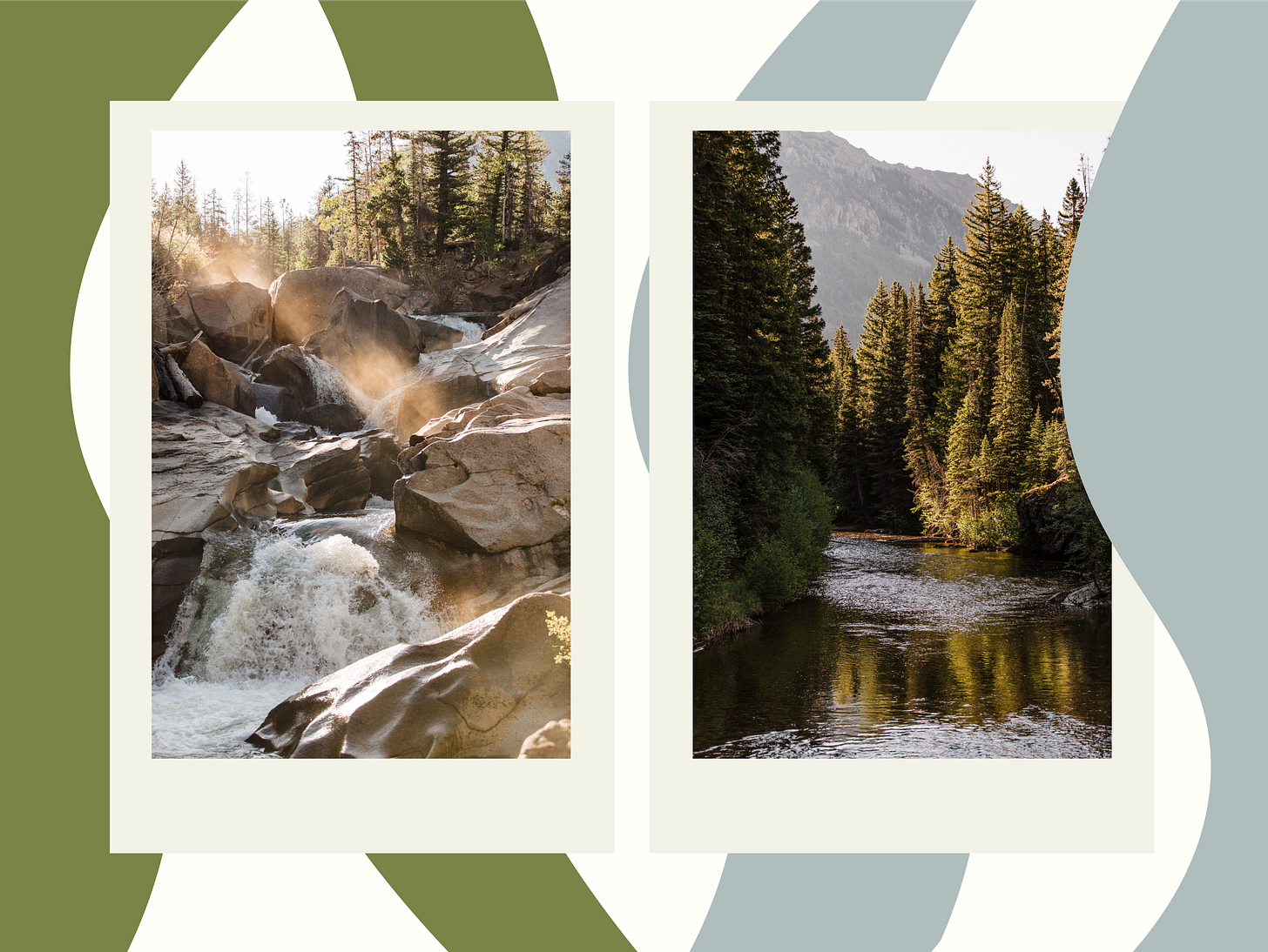 one photo of a waterfall and another of a river running through the mountains on the Grottos hiking trail near Aspen, Colorado
