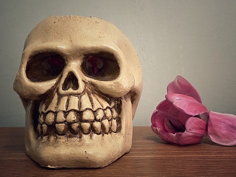 A selection of objects - watch, books, skull, candles - symbolising transience.