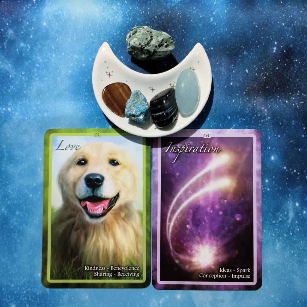 Inspiration Blocks & Flow: A Message From the Universe, 2 Chakra Insight Oracle cards and crystals on a starry blue background Inspiration Blocks & Flow: A Message From the Universe, 2 Chakra Insight Oracle cards and crystals on a starry blue background