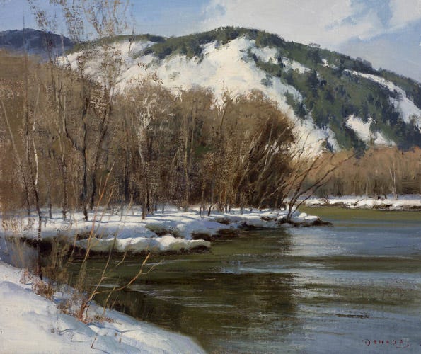 A river with snow and trees

Description automatically generated