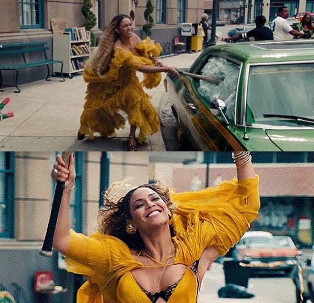 This may contain: a woman in a yellow dress is dancing on the street and an image of a car This may contain: a woman in a yellow dress is dancing on the street and an image of a car