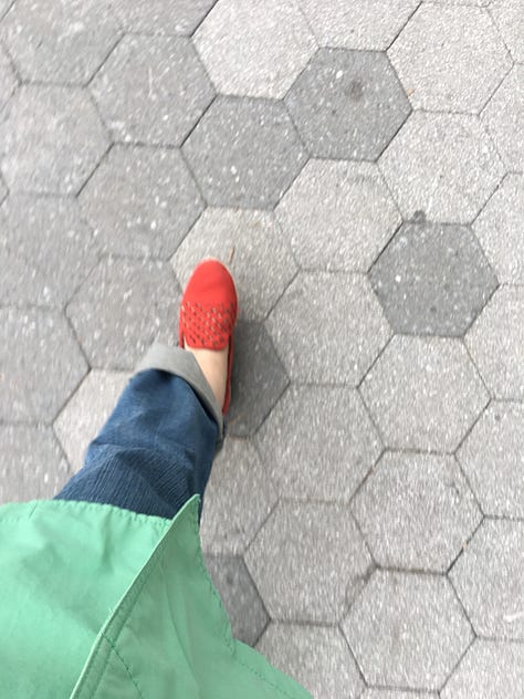 3 photos, one is a tray of spices, walking on the pavement, cup of hot tea